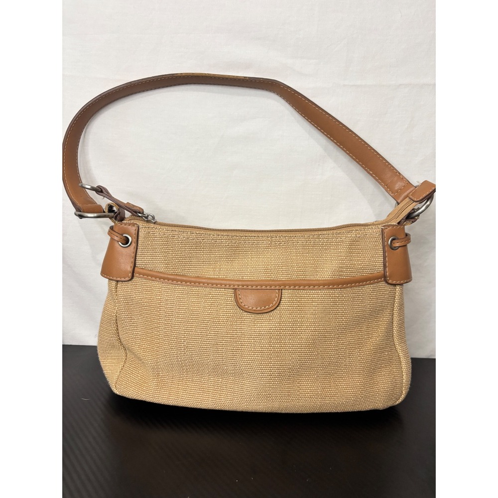 Fossil Tan Woven Straw Leather Trim Shoulder Bag Baguette Y2K Striped Interior